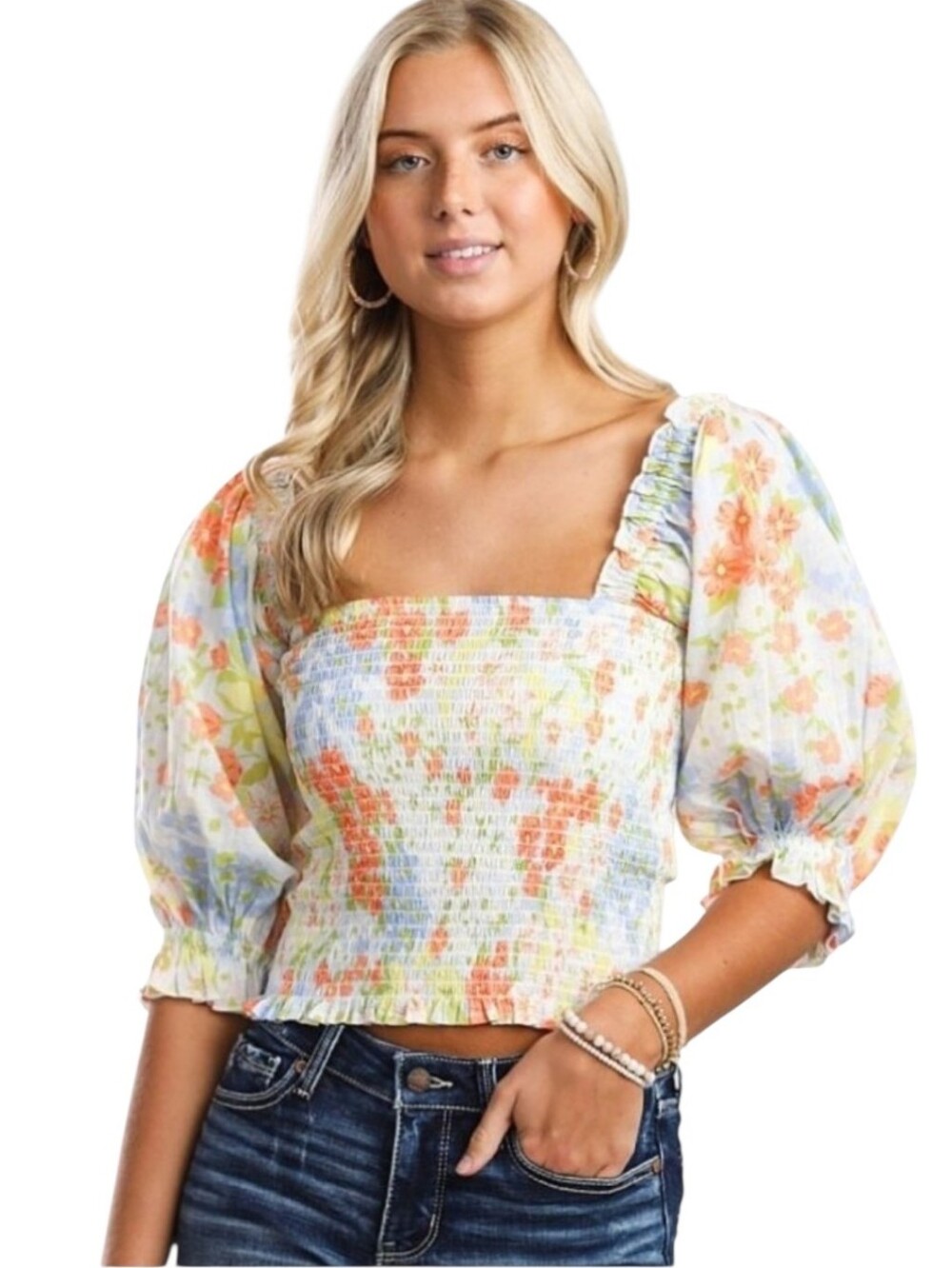 Women's Billabong Smocked Floral Print Puff Sleeve Top Sz Med